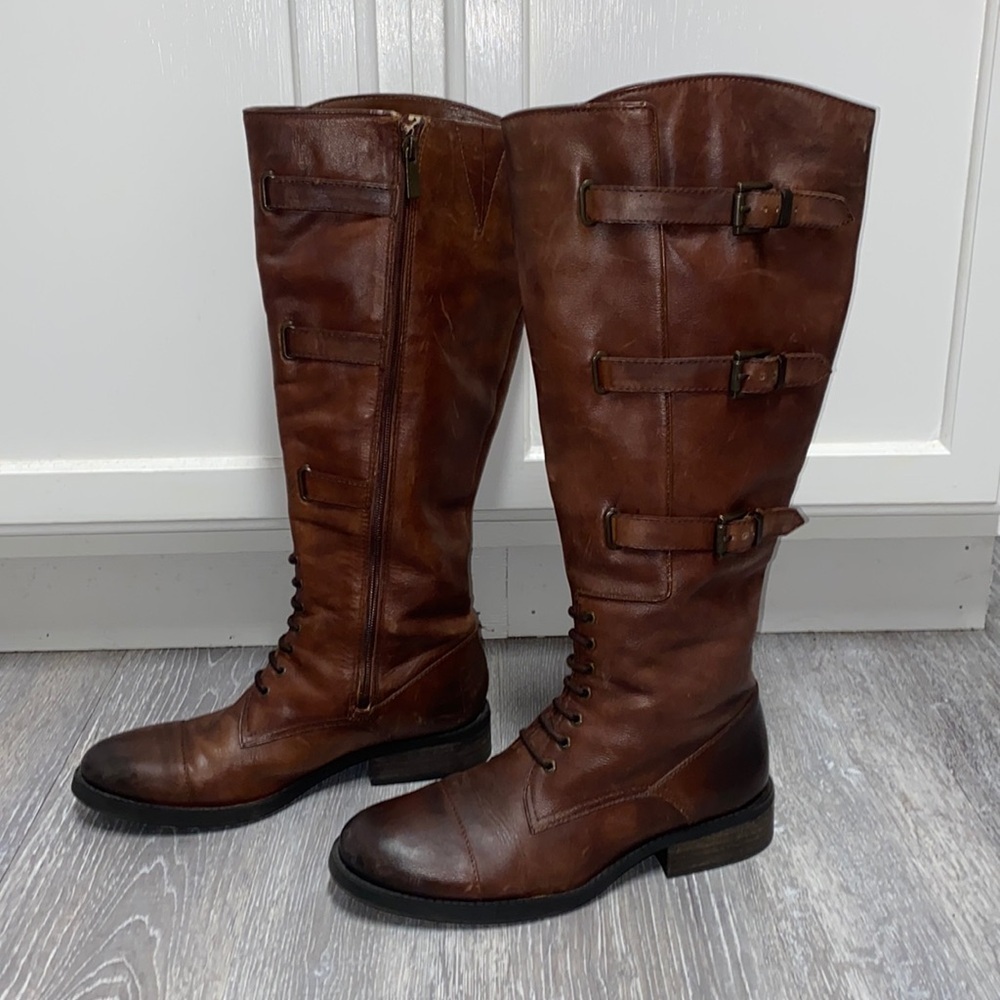 Vince Camuto Fenton Russet Two Tone Brown Leather Knee-High Buckle Riding Boots - Picture 9 of 17
